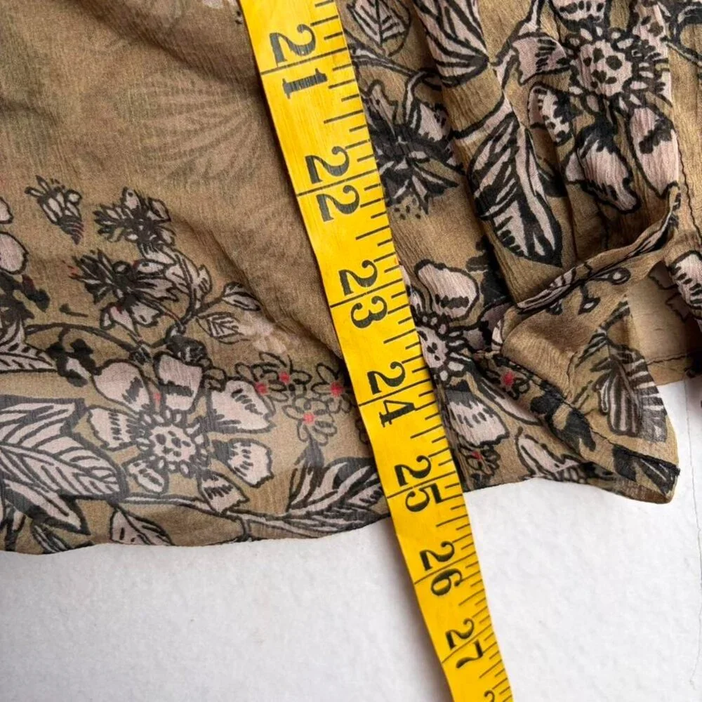 Free People Hendrix Brown Sheer Floral Tassel Puff Sleeve Peasant Blouse Sz S